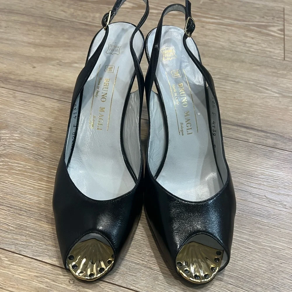 BRUNO MAGLI black leather peep toe sling shoes with gold accent on the toe - Picture 3 of 16